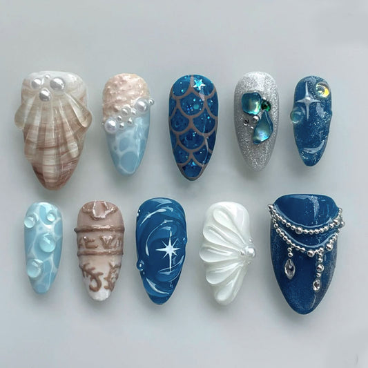 Enchanted Ocean Inspired Long Almond Shape Dreamy Blue and Shimmering Pearl Detail Press on Nail Set