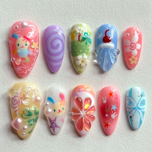 Whimsical Wonderland Colorful Long Almond Press on Nail Set with Cute Cartoon Designs and Charming 3D Elements