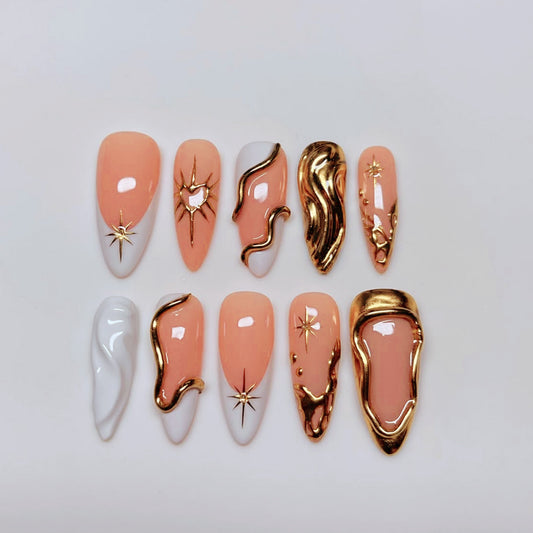 Celestial Elegance Long Almond Peach and White Press On Nail Set with Unique Gold Accents
