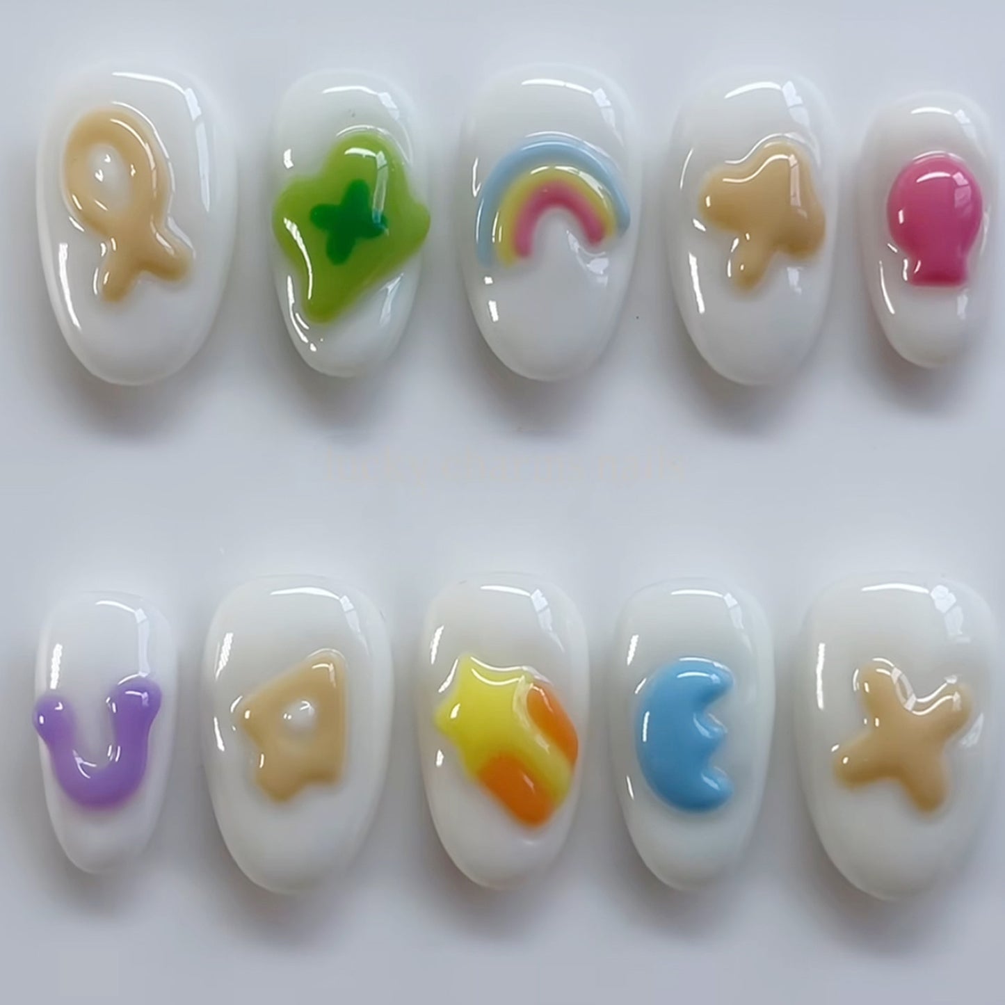 Charming Whimsy Short Oval White Press on Nail Set with Colorful Iconic Designs