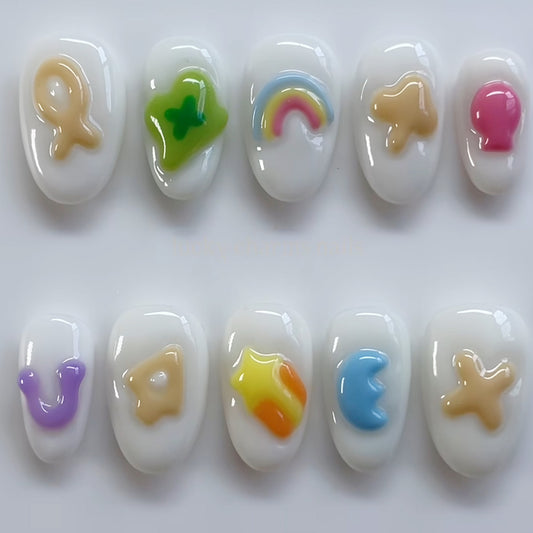 Charming Whimsy Short Oval White Press on Nail Set with Colorful Iconic Designs