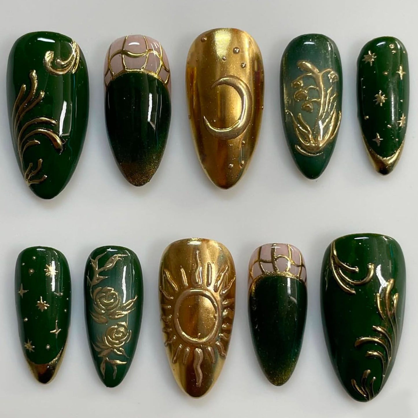 Celestial Enchantment Long Almond Green and Gold Press-On Nail Set with Intricate Cosmic Artistry
