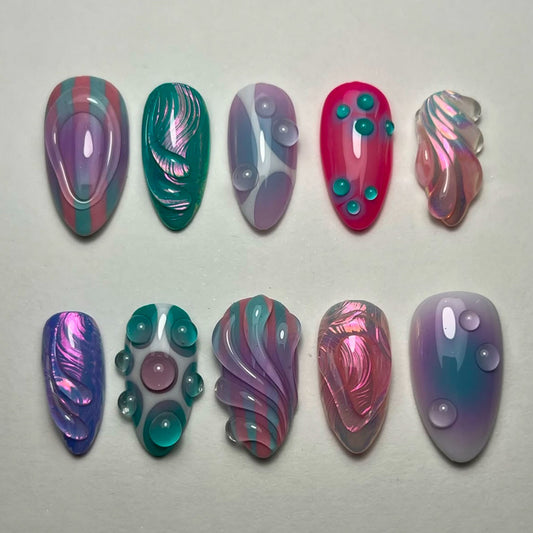 Ocean Breeze Charming Medium Almond Glossy Colorful Swirl with Unique Dimensional Accents Nail Set