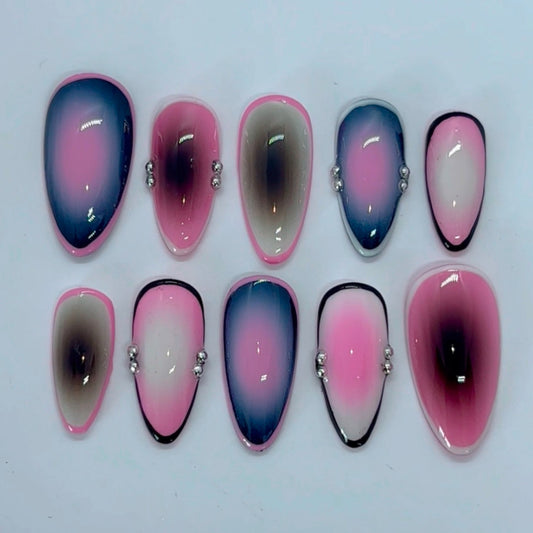 Mystical Ombre Elegance Long Almond Gradient Pink and Blue Press on Nail Set with Sparkling Accents