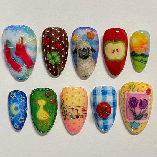 Whimsical Nature Inspired Short Almond Shaped Multicolor Press On Nail Set with Unique Hand Painted Designs