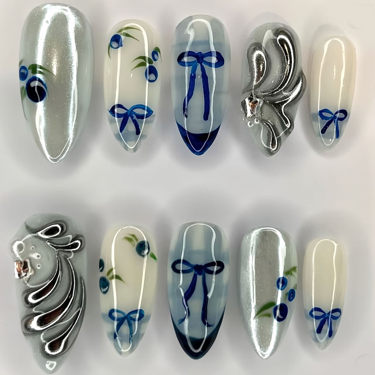 Charming Blueberry Garden Glamourous Long Almond Shaped Press On Nail Set with Silver Accents and Bow Details