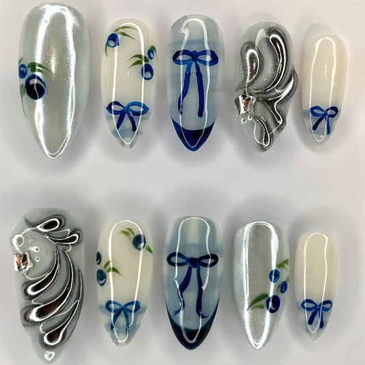 Charming Blueberry Garden Glamourous Long Almond Shaped Press On Nail Set with Silver Accents and Bow Details