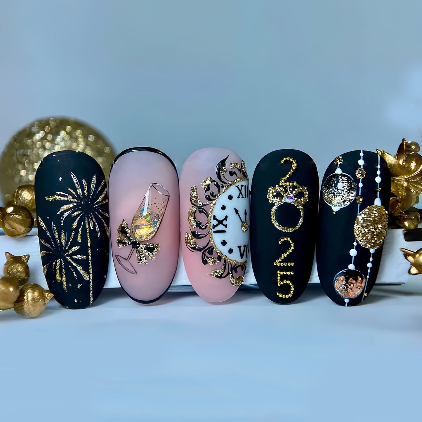 New Year's Glamour Medium Oval Black and Pink with Sparkling Gold Accents Press On Nail Set