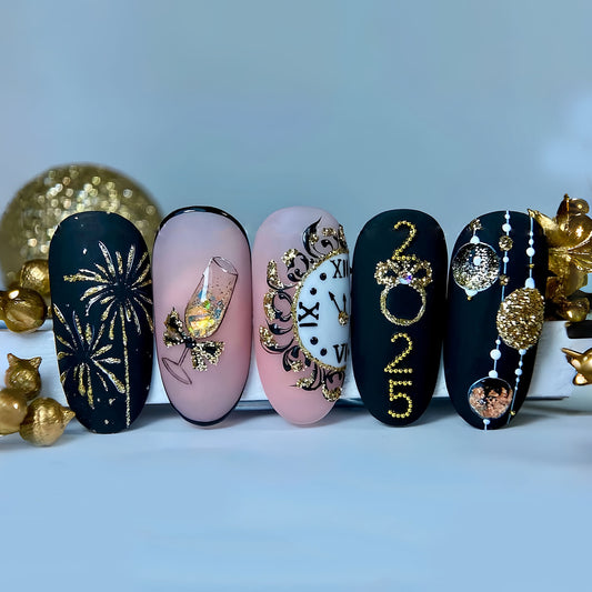 New Year's Glamour Medium Oval Black and Pink with Sparkling Gold Accents Press On Nail Set