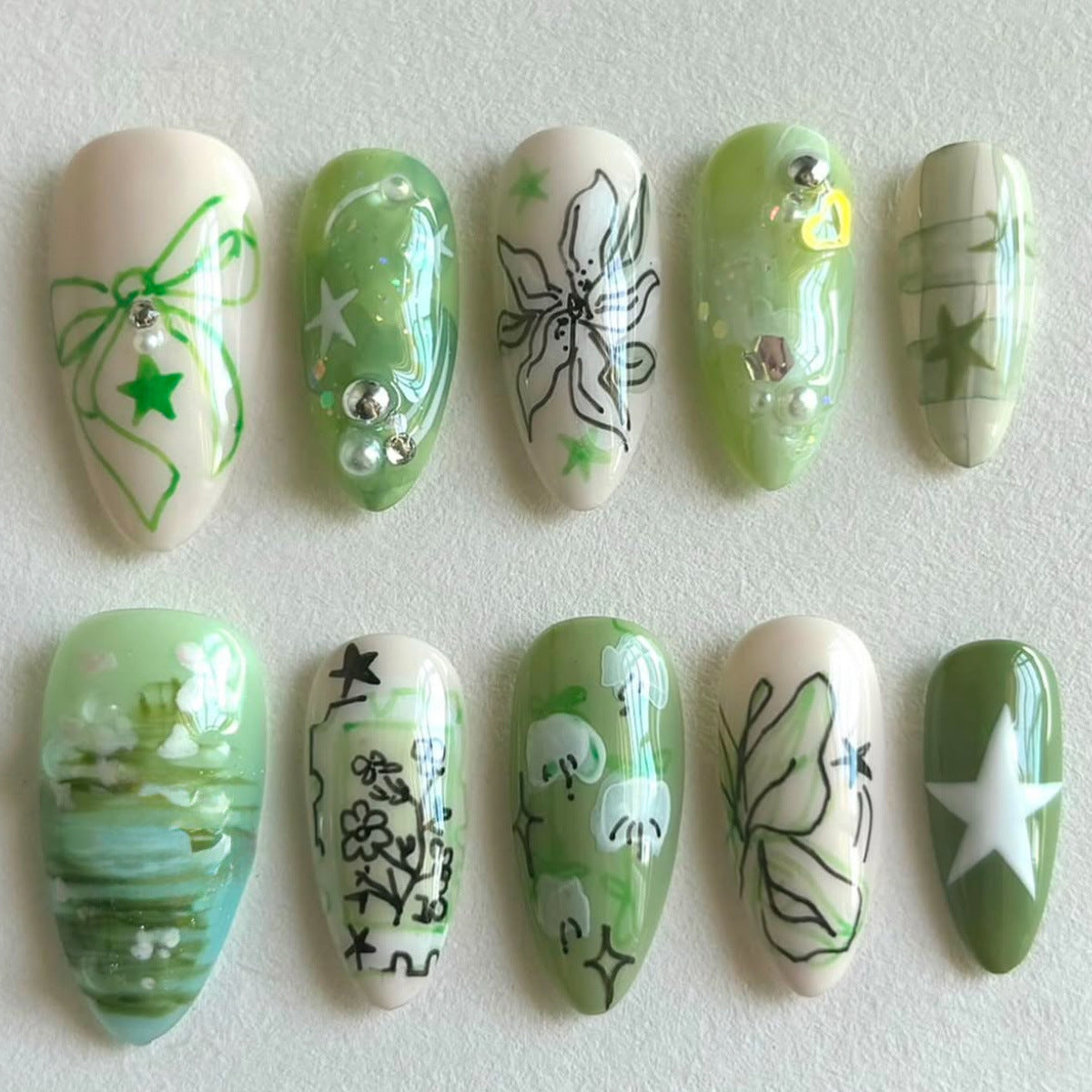 Whimsical Garden Long Almond Green Floral Press-On Nail Set with Iridescent Accents