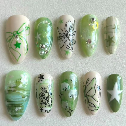 Whimsical Garden Long Almond Green Floral Press-On Nail Set with Iridescent Accents