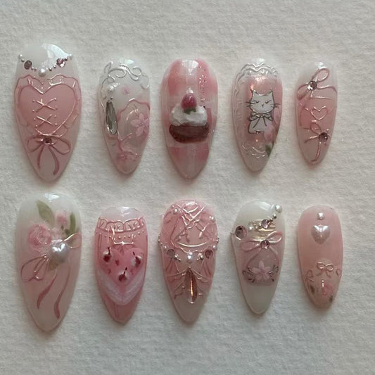 Romantic Blush Long Almond Shaped Light Pink Press On Nail Set with Charming Heart and Cake Designs