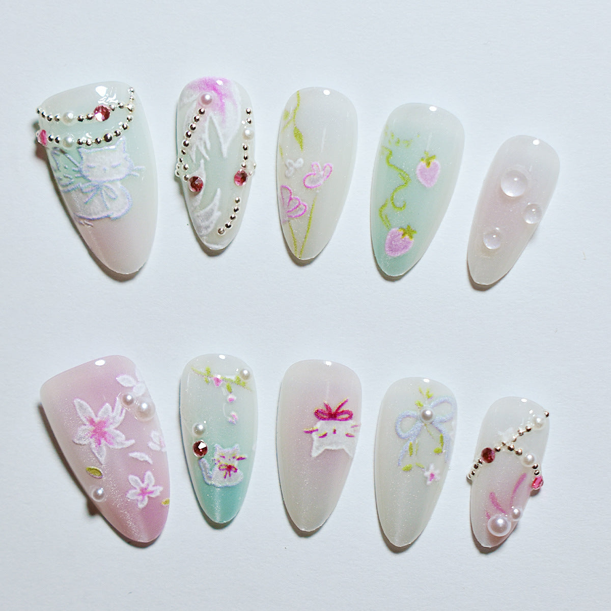 Charming Garden Pastel Long Almond Press On Nail Set with Floral Artwork and Shimmery Details
