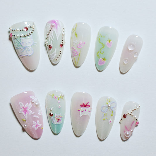 Charming Garden Pastel Long Almond Press On Nail Set with Floral Artwork and Shimmery Details