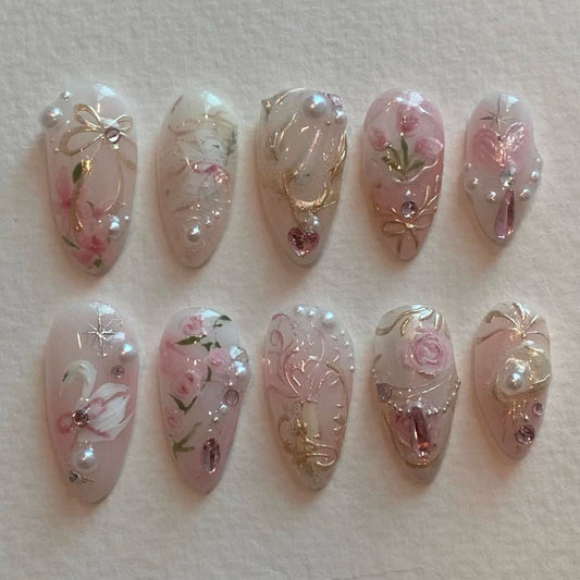 Enchanting Floral Dream Press On Nail Set Long Almond Shape Soft Pink Elegance with Pearl and Gem Accents
