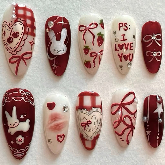 Charming Romance Long Almond Red and White Press On Nail Set with Adorable Bunny and Heart Designs