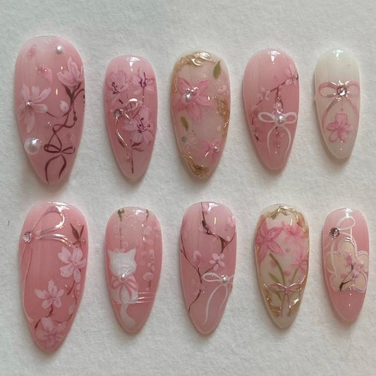 Blossom Elegance Long Almond Pink Press On Nails with Floral Accents and Pearls