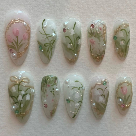 Garden of Elegance Long Almond Green Floral Design with Pearl Accents Press On Nail Set
