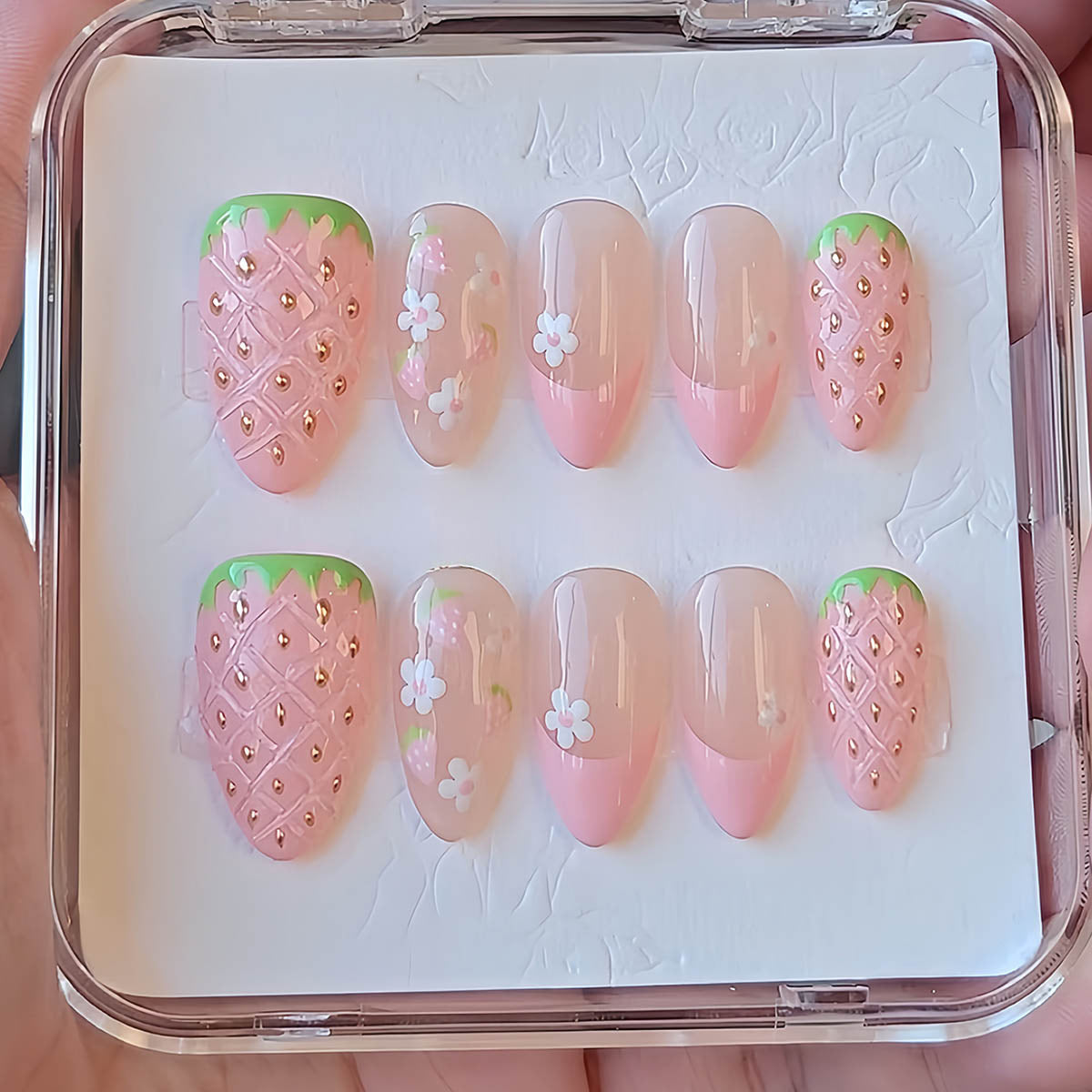 Berry Delightful Medium Almond Shaped Pink Gradation with Strawberry and Floral Accents Press On Nail Set