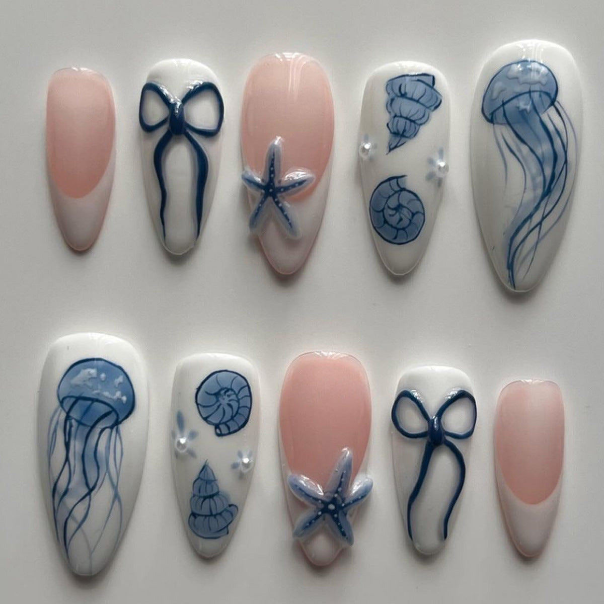 Ocean Bliss Dreamy Long Almond Peach and White Press-On Nail Set with Coastal Art Designs