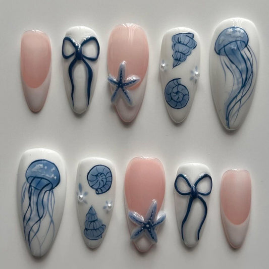 Ocean Bliss Dreamy Long Almond Peach and White Press-On Nail Set with Coastal Art Designs