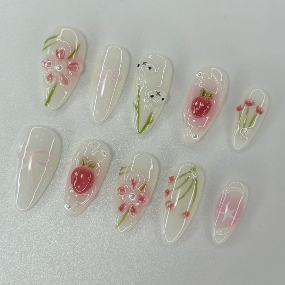 Whimsical Floral Elegance Long Almond Clear Pink Press On Nail Set with Charming Hand Painted Designs