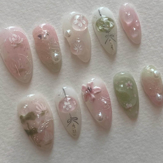 Cherry Blossom Dreamy Long Almond Pastel Colors with Pearl Accents and Floral Art Design Press On Nail Set