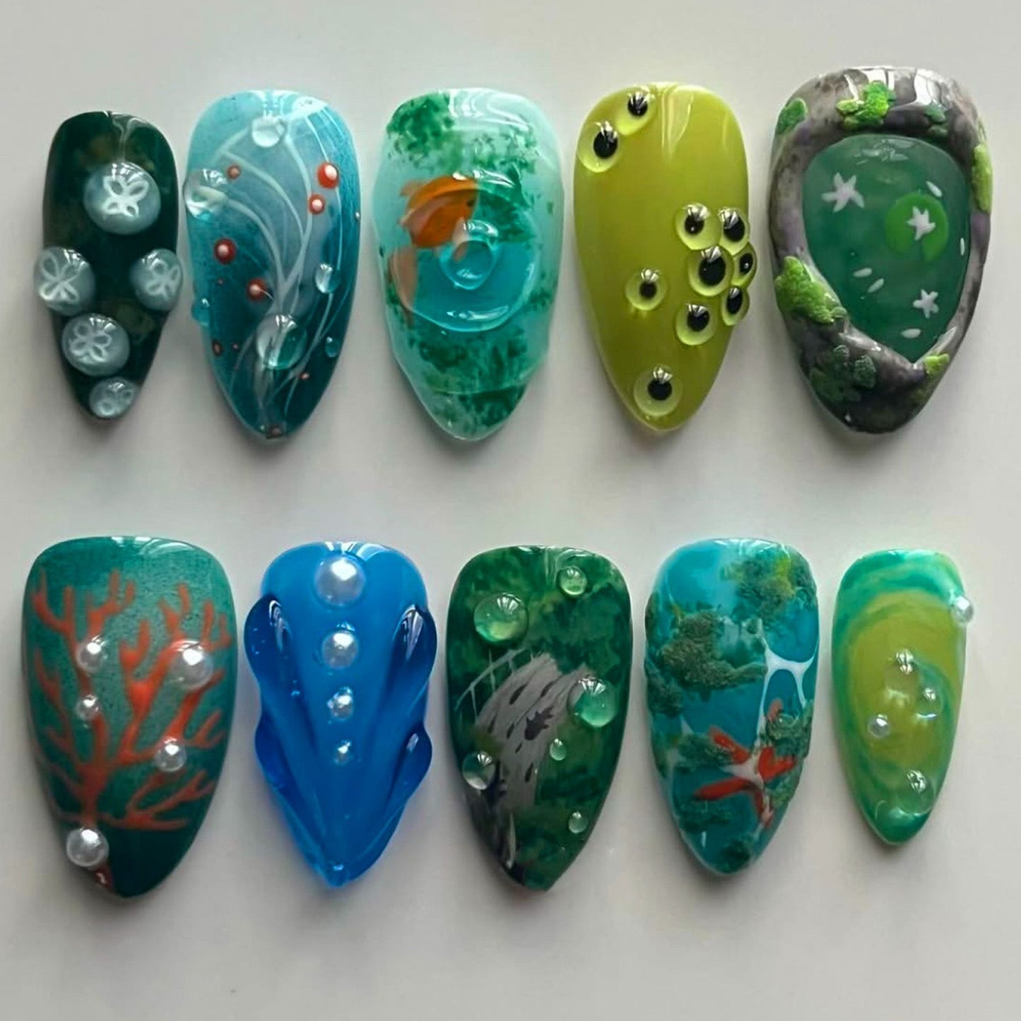 Underwater Fantasy Petite Medium Almond Aqua Green Press On Nail Set with Unique Textured Details and Glossy Finish