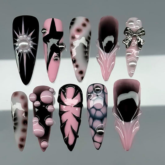 Gothic Glamour Long Stiletto Purple and Pink Press On Nail Set with Unique Decorative Elements