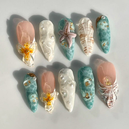 Ocean Bliss Long Stiletto Mint Green Pink White with Floral and Pearl Accents Press on Nail Set