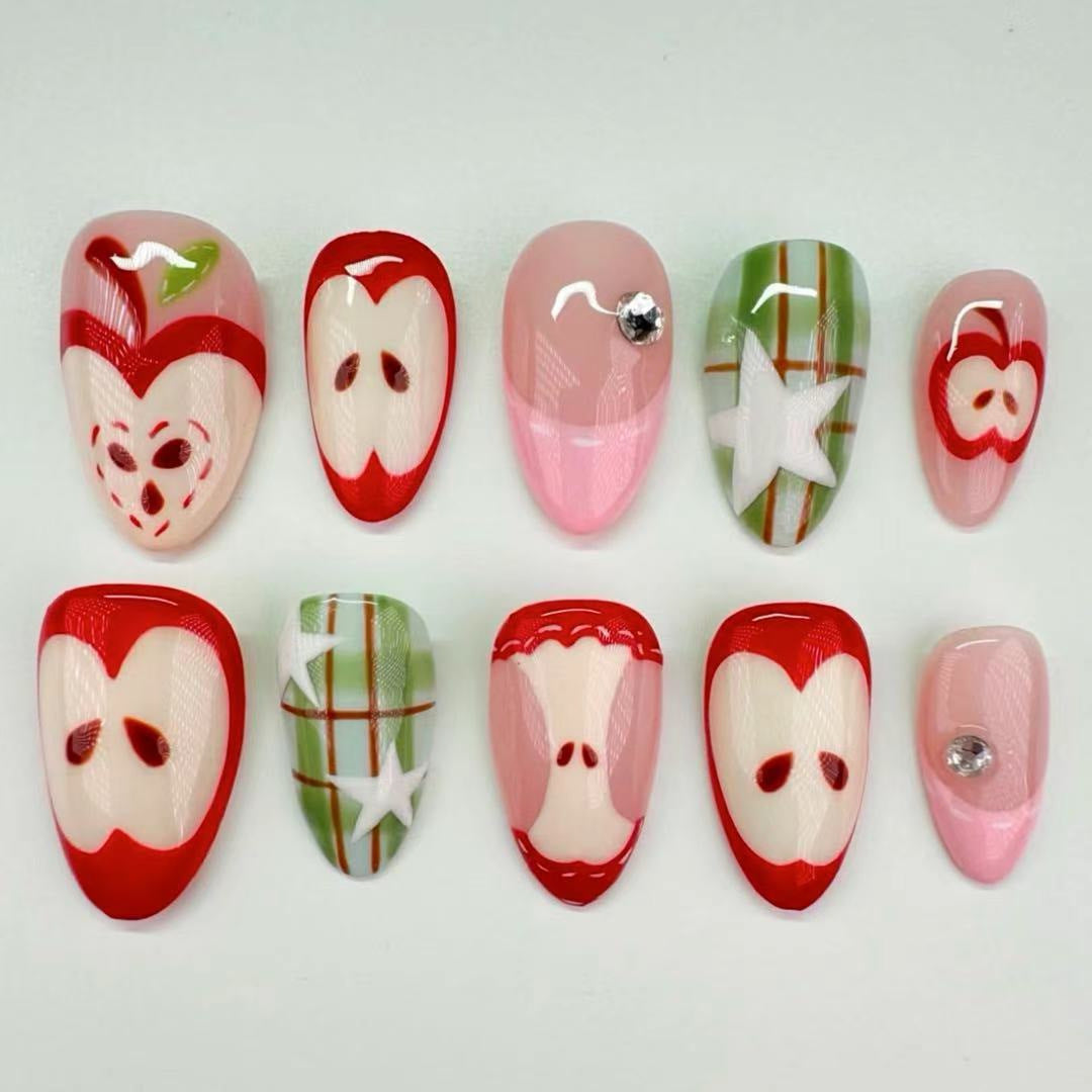 Charming Apple Orchard Medium Almond Shape Red and Pink with Delightful Fruit Designs Nail Press Set