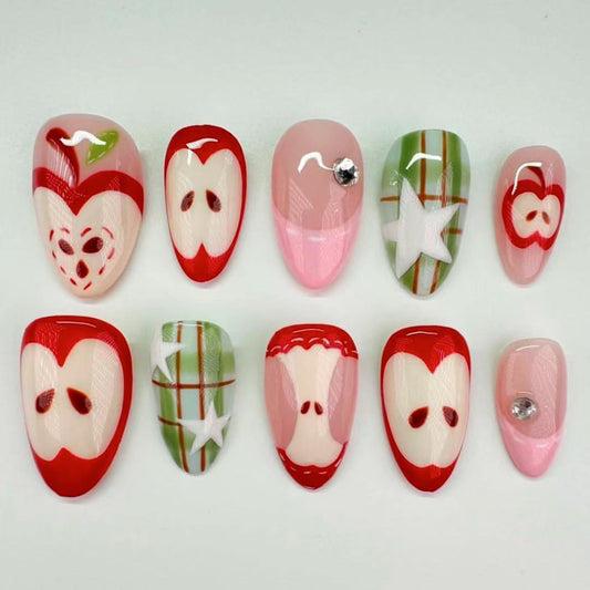 Charming Apple Orchard Medium Almond Shape Red and Pink with Delightful Fruit Designs Nail Press Set