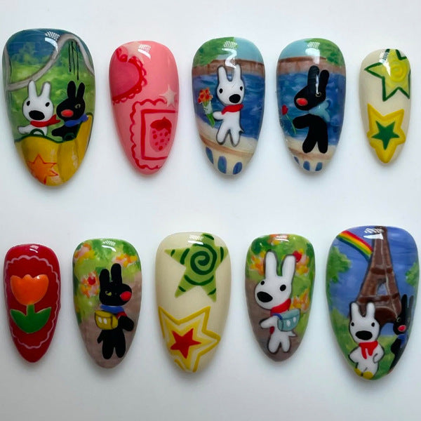 Whimsical Garden Floral Medium Almond Multi-Color Art Press Nail Set Featuring Playful Character Designs