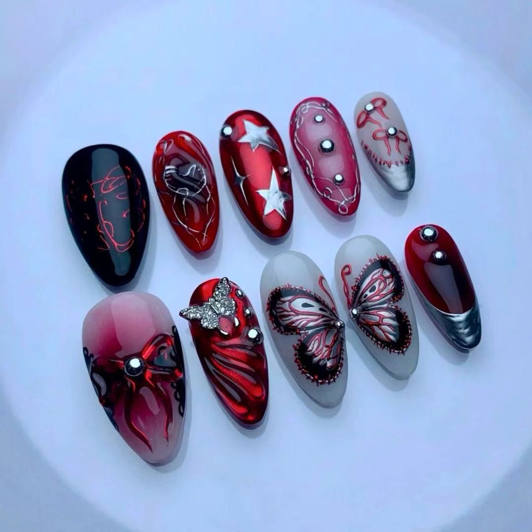Gothic Romance Long Almond Red Black Butterfly Shimmering Accent Nail Set