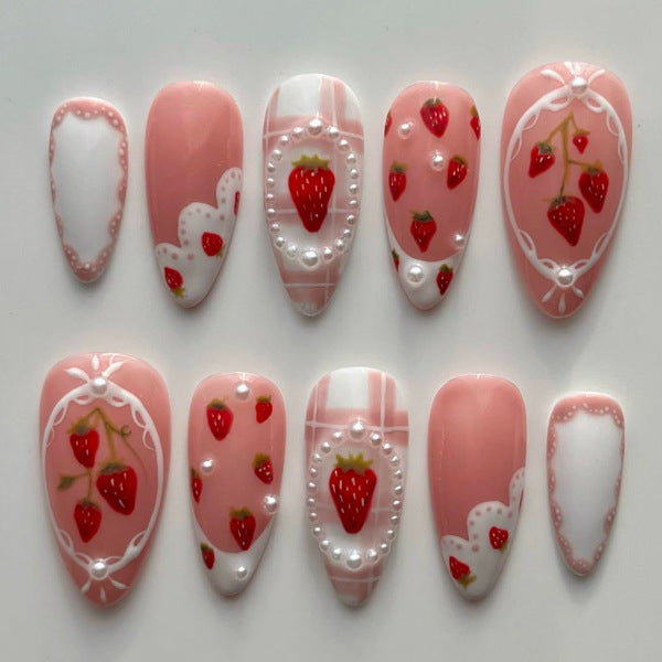 Strawberry Delight Long Almond Pink Glossy Press-On Nail Set with Elegant Pearl Accents