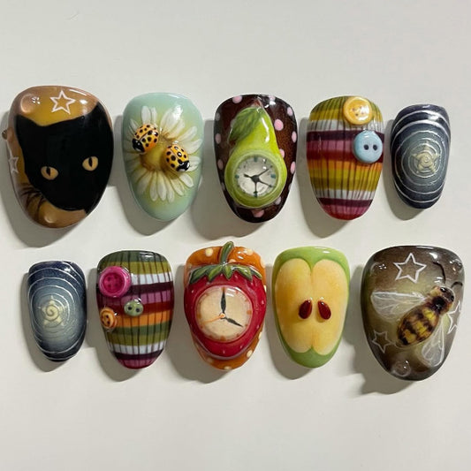 Whimsical Garden Inspired Colorful Short Oval Short Nail Set with Unique Decorative Elements