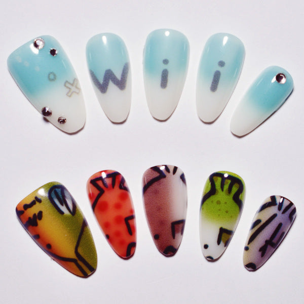 Whimsical Forest Inspired Long Almond Shaped Blue and Multicolored Artistic Press on Nail Set with Charming Graphics