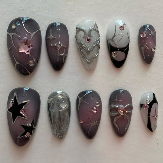Glamorous Midnight Elegance Long Almond Ombre Purple and Silver Press On Nail Set with Crystal Accents
