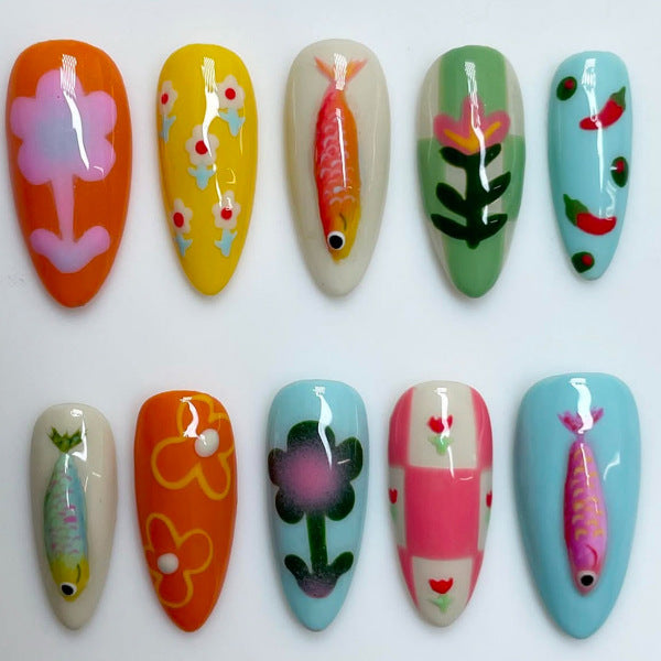 Whimsical Garden Long Almond Colorful Floral and Fish Design Press On Nail Set