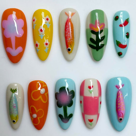Whimsical Garden Long Almond Colorful Floral and Fish Design Press On Nail Set