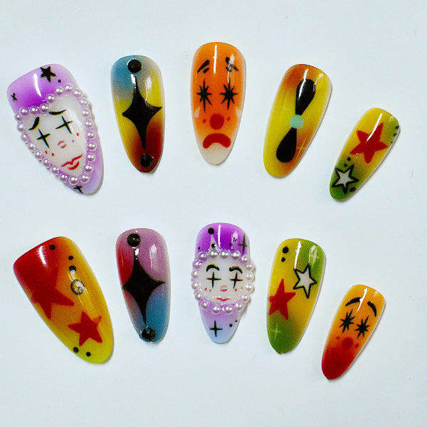 Whimsical Circus Inspired Long Almond Shaped Colorful Gradient Press on Nail Set with Unique Pearl Accents