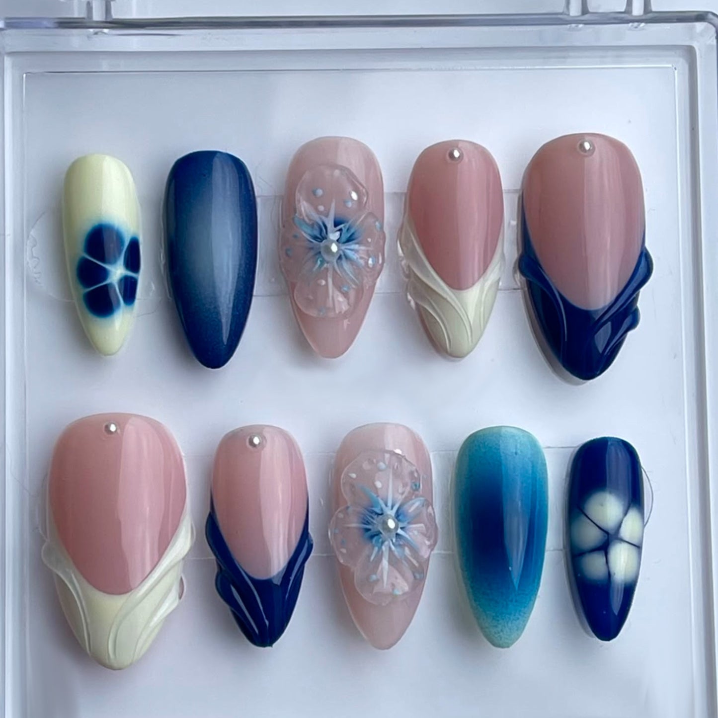 Botanical Bliss Elegant Long Almond Shaped Blue and Pink Press On Nail Set with Floral Accents and Pearls