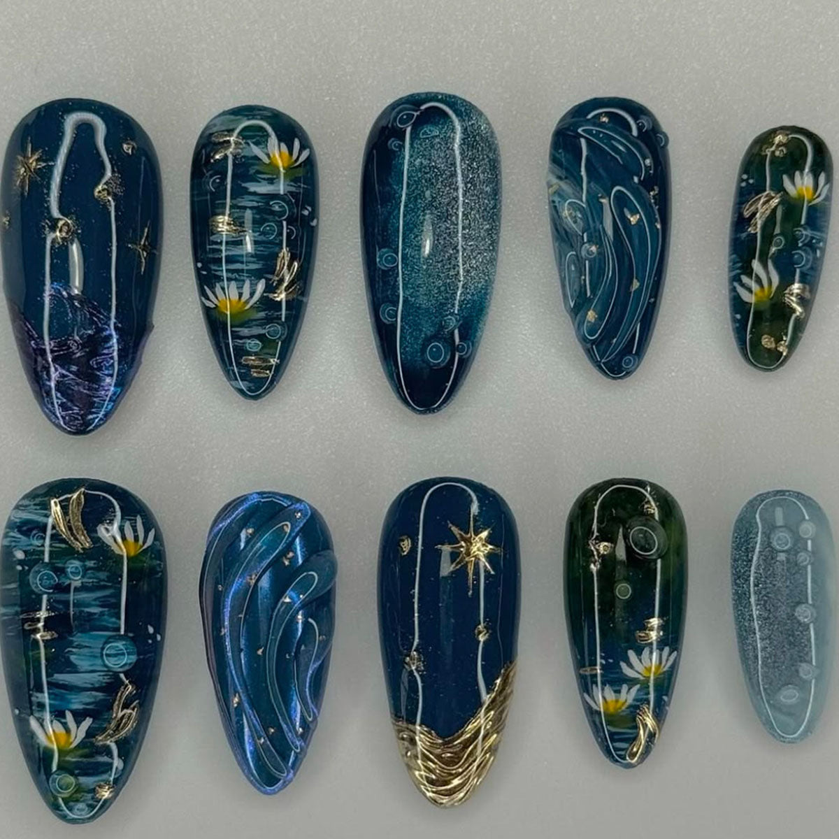 Celestial Dreamscape Long Almond Dark Blue with Floral and Metallic Accents Press On Nail Set