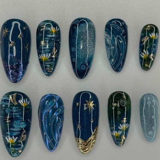 Celestial Dreamscape Long Almond Dark Blue with Floral and Metallic Accents Press On Nail Set