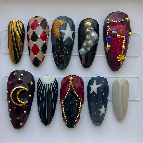 Mystical Glamour Long Almond Burgundy and Black with Stunning Gold Accents and Starry Details Press-On Nail Set