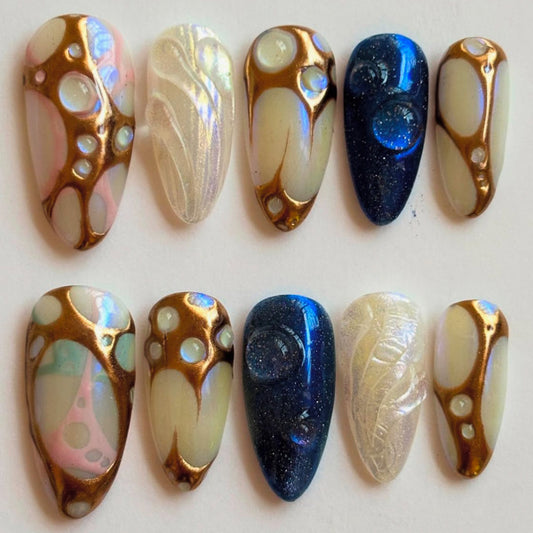 Mystical Ocean Dreams Press-On Nail Set Long Almond Blue and Iridescent Swirl Design with Bubble Accents