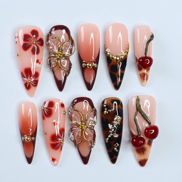 Floral Elegance Long Almond Pink Burgundy Stylish Embellished Press-On Nail Set