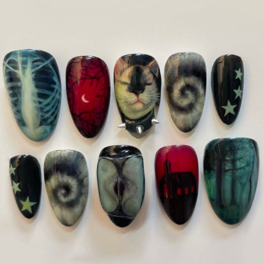 Mystical Dreamscape Long Almond Colorful Designs with Intricate Artistic Features Press On Nail Set