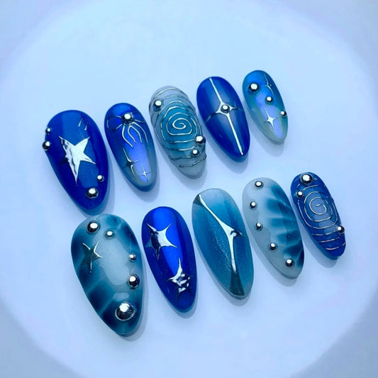 Celestial Dream Blue Long Almond Press On Nail Set with Silver Star Accents