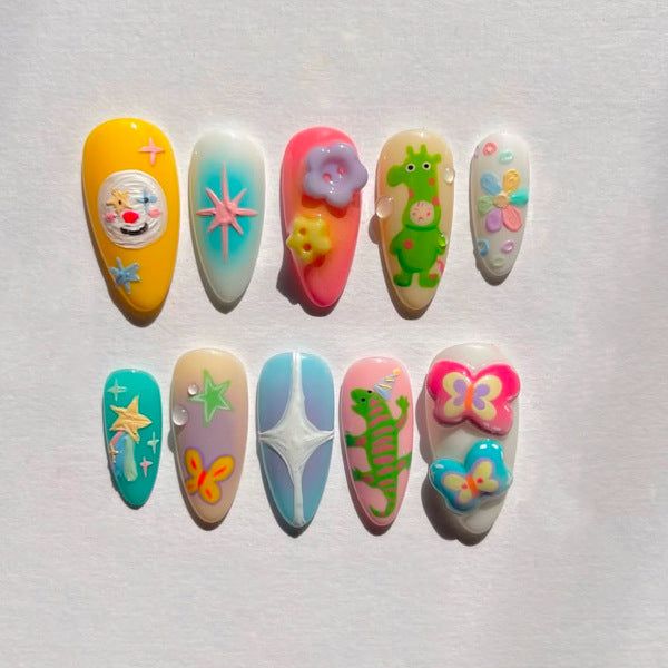 Whimsical Charm Long Almond Multicolor with Playful Character Designs Press On Nail Set
